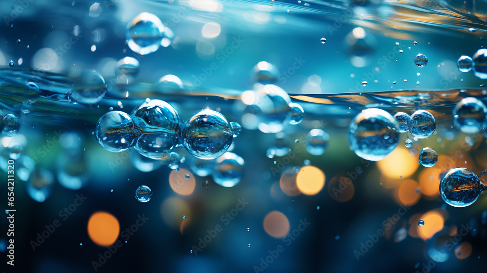 Fototapeta premium Bubbles underwater with bokeh effect. Background in blue. AI generative