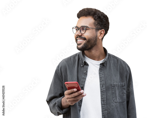 Young handsome man using smartphone isolated transparent PNG. Smiling student men with mobile phone looking away to copy space isolated portrait. Modern lifestyle, connection, business concept