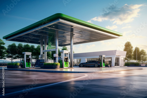 a modern gas station with eco-friendly and efficient fuel pumps. AI generative.