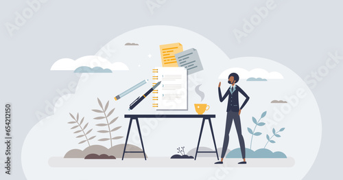 Plan and prioritize business tasks for best efficiency tiny person concept. Work management with schedule and agenda control vector illustration. Effective time usage with priority notes strategy. photo