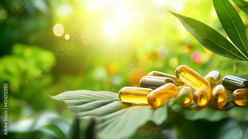 Medical pills, vitamins in colorful coating on green natural background, natural medicine concept