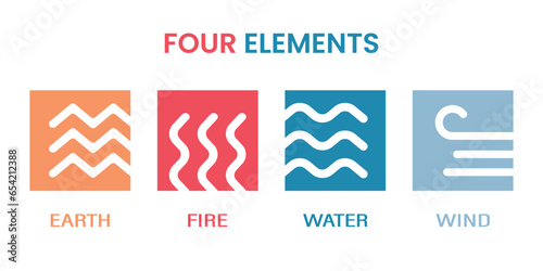 Illustration of four element of life; eart, fire, water and air isolated at colorful box with clear background