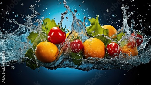 Fresh ripe fruits fall on a blue and dark background into clear transparent water. Spray is flying. . Generated by AI.