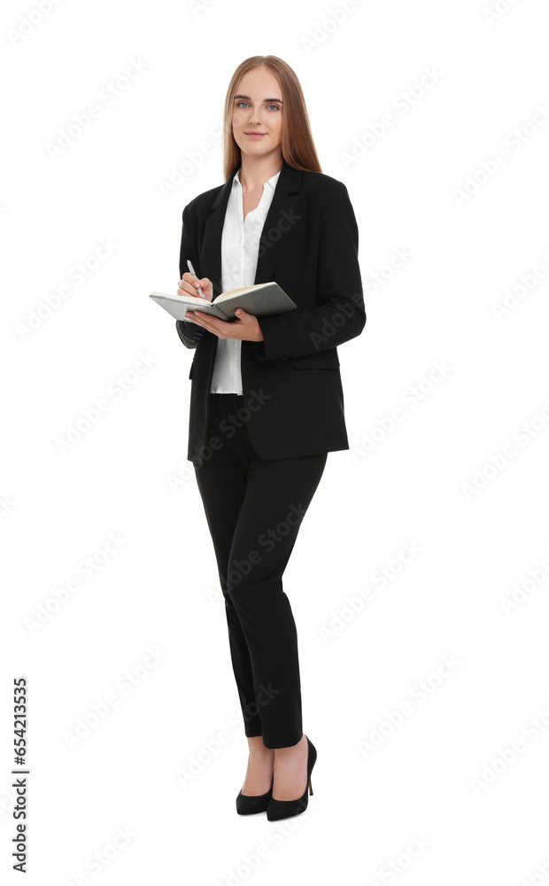 Young secretary with notebook and pen on white background Young secretary with notebook and pen on white background