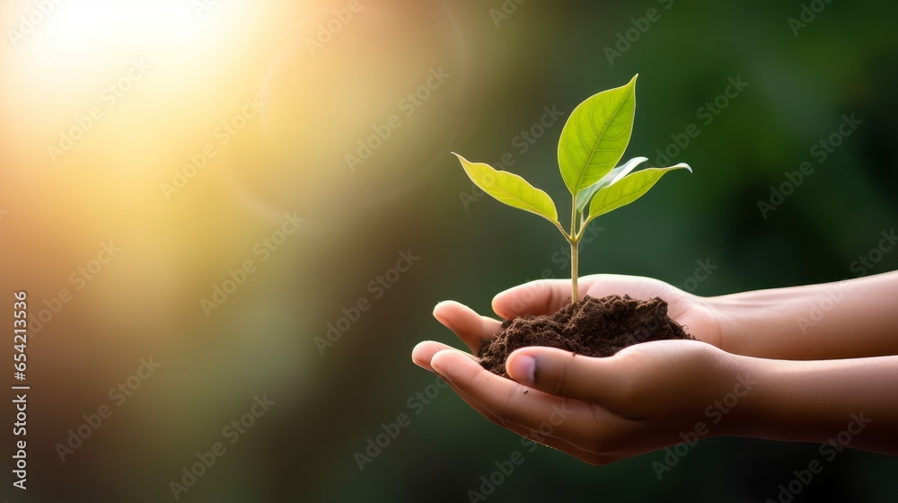 hand children holding young plant with sunlight on green nature background. concept eco earth day, Generative AI - obrazy, fototapety, plakaty 
