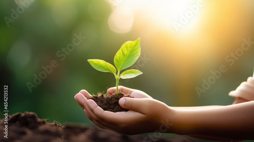 hand children holding young plant with sunlight on green nature background. concept eco earth day, Generative AI photo