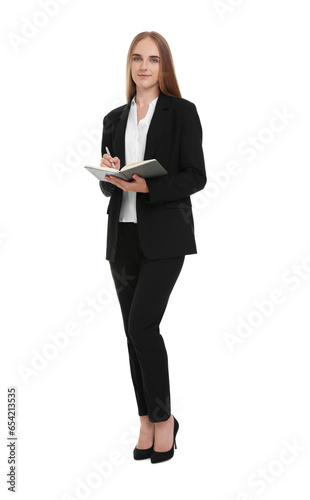 Young secretary with notebook and pen on white background