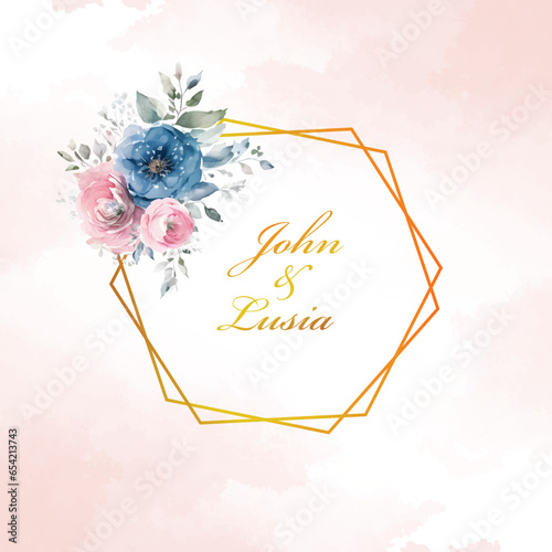 wedding card invitation with flower watercolor illustration design template hexagonal frame