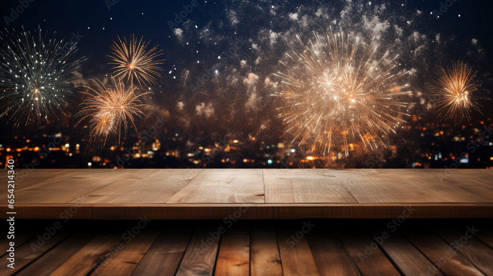 Empty wooden plank table with festive fireworks firecrackers festive ...