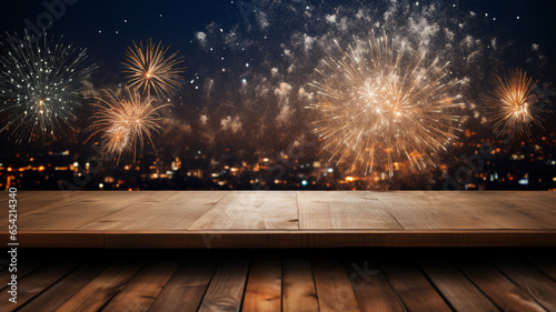 Empty wooden plank table with festive fireworks firecrackers festive day of independence in the sky party holiday celebration. 