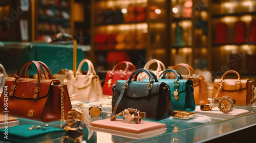 Women's Accessories on table in luxury fashion shop interior