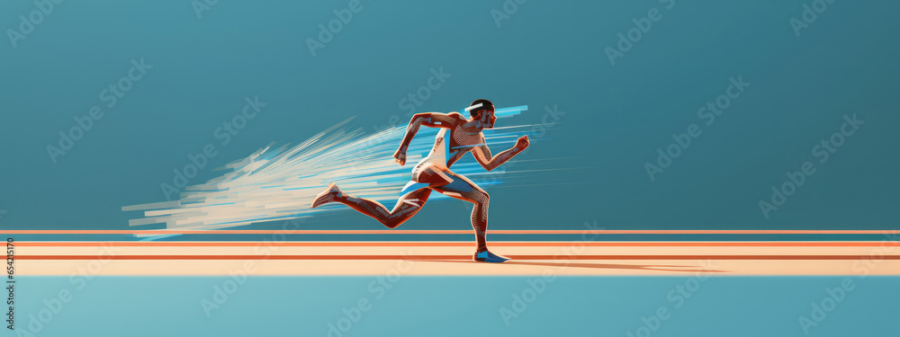 Illustration of runner in motion blur, blue background - obrazy, fototapety, plakaty 