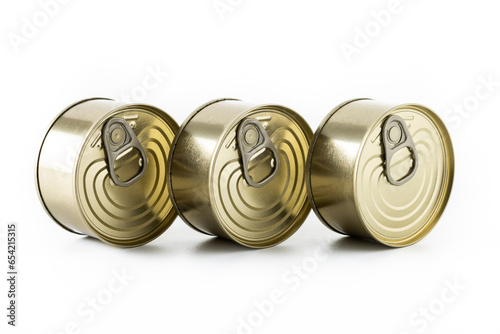 Various canned food in metal cans isolated on white background
