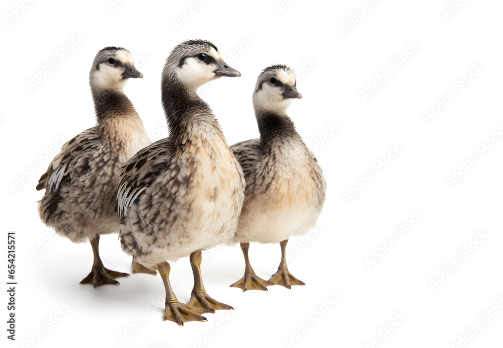 Group of 3 cute little wild duck duckling, standing togerther and looking towards camera. Isolated on a white background Group of 3 cute little wild duck duckling, standing togerther and looking towards camera. Isolated on a white background