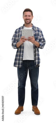 Happy man with tablet on white background