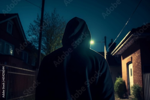 Suspicious person hoodie at street. Danger night. Generate Ai photo