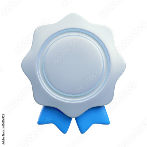 Vector cartoon 3d empty medal realistic icon with blue ribbon. Trendy silver round award, abstract badge warranty sign. 3d render plastic certificate badge illustration