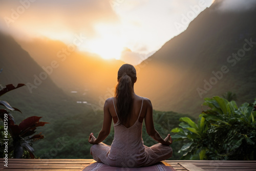 Morning Zen: Yoga Amidst Nature's Beauty, Tropical Mountain Backdrop