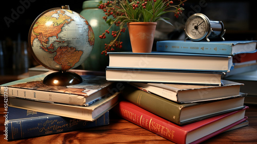 stack of books and globe