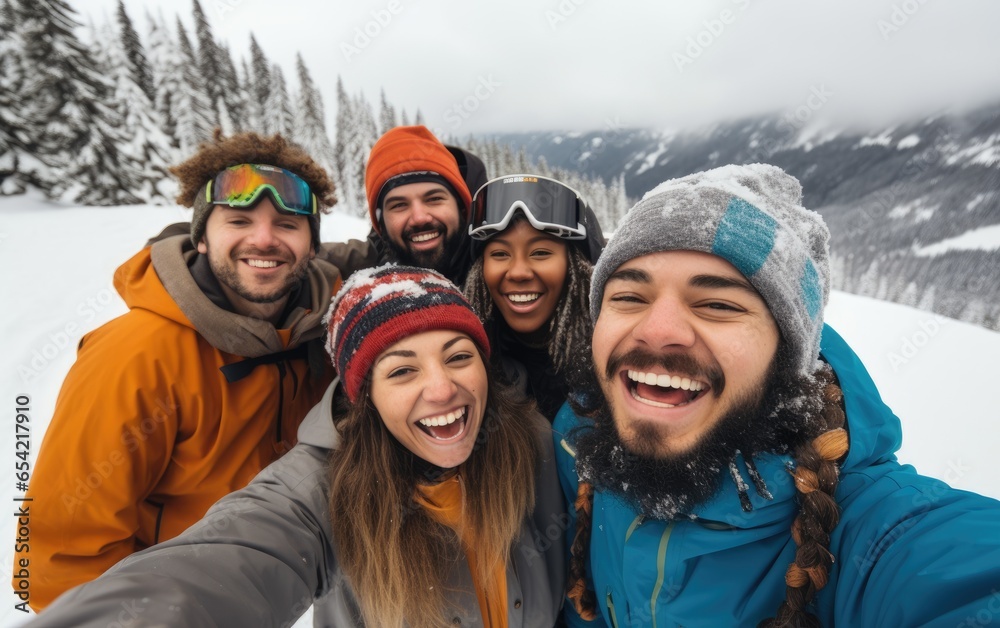 Diverse group of smiling snowboarders taking selfie on a snowy mountain. Generative AI Diverse group of smiling snowboarders taking selfie on a snowy mountain. Generative AI