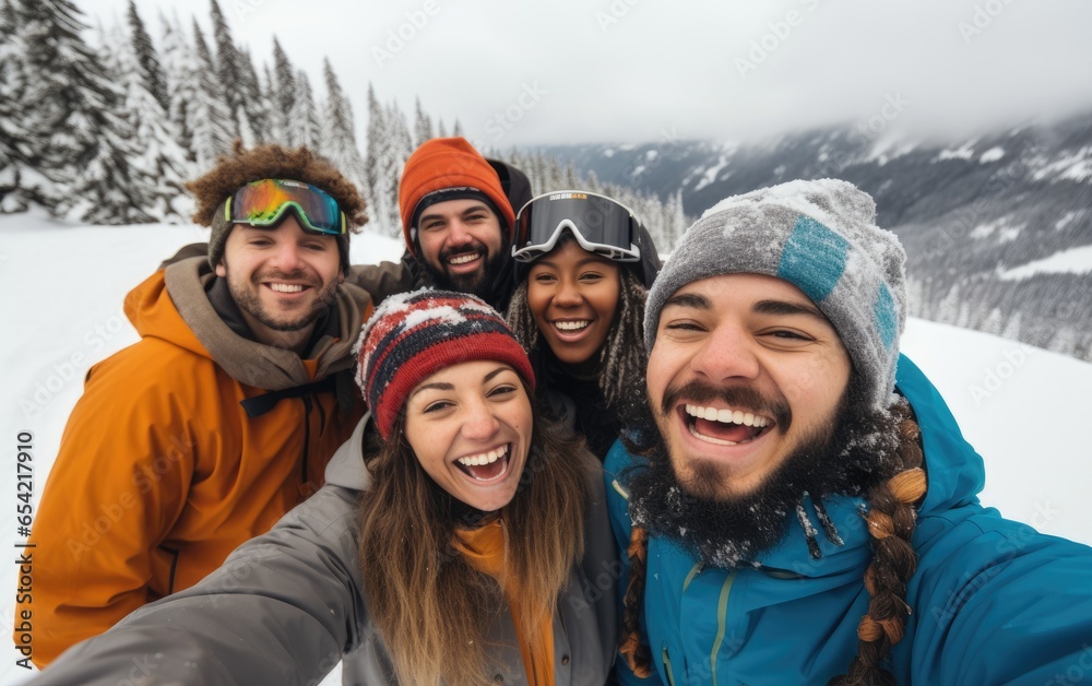 Diverse group of smiling snowboarders taking selfie on a snowy mountain. Generative AI