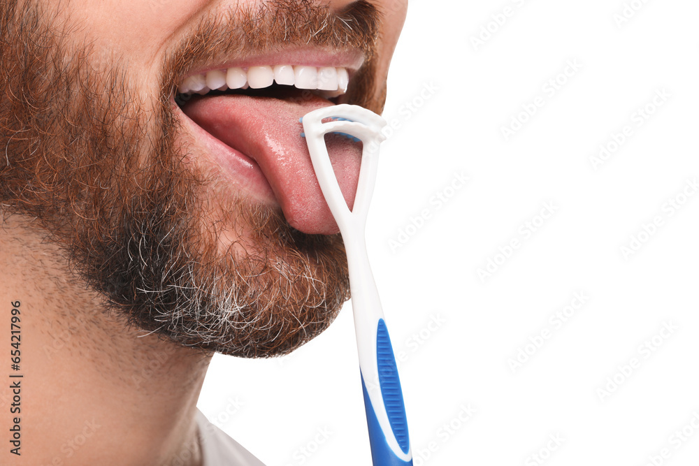 Man brushing his tongue with cleaner on white background, closeup - obrazy, fototapety, plakaty 