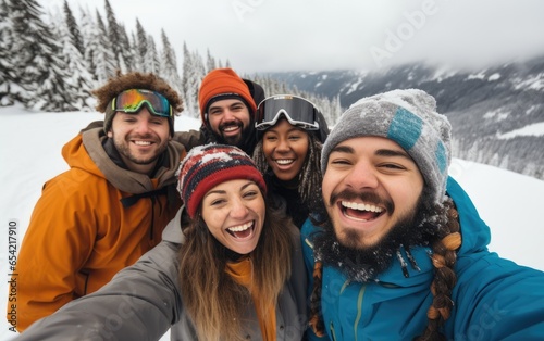 Diverse group of smiling snowboarders taking selfie on a snowy mountain. Generative AI