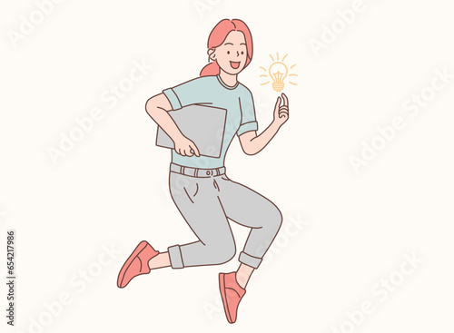 the woman jumped happily as she got the idea vector illustration