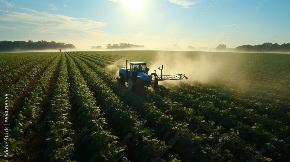 Aerial view of Tractor Spraying Pesticides in soybean field, Tractor sprays soybeans in spring. Generative Ai Aerial view of Tractor Spraying Pesticides in soybean field, Tractor sprays soybeans in spring. Generative Ai