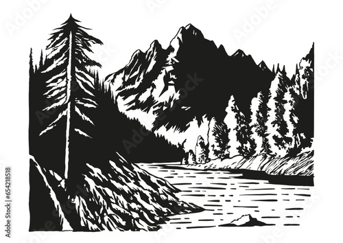Hand Drawn vector illustration Nature Mountain Landscape (ID: 654218518)