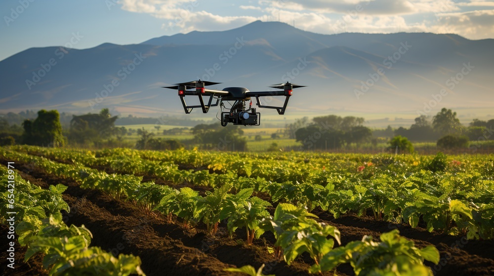 Agriculture drone fly to sprayed fertilizer on the fields. smart farmer use drone for various fields like research analysis, terrain scanning technology, smart technology concept.