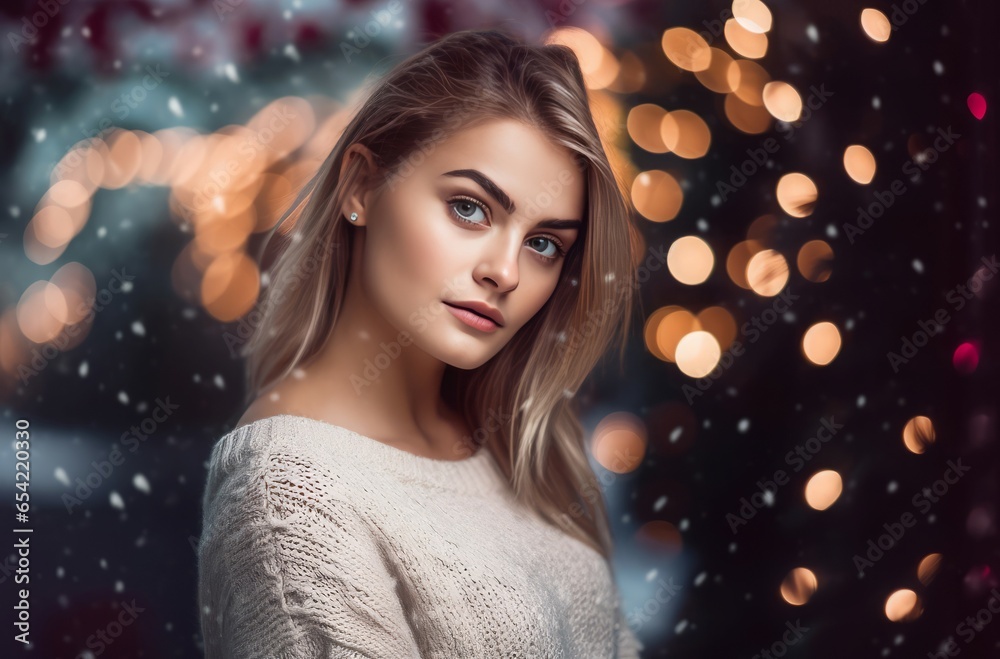 Woman winter white sweater. Cozy fashion. Generate Ai Woman winter white sweater. Cozy fashion. Generate Ai