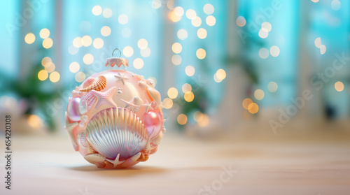 Christmas bauble ornament made of seashells surrounded with blurred Christmas lights.