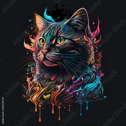 Neon cat, t-shirt print, animal, nature, universe, colorful. 