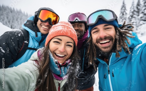 Diverse group of smiling snowboarders taking selfie on a snowy mountain. Generative AI