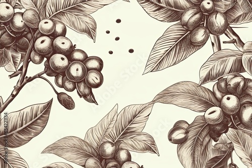 Vector seamless pattern with hand drawn coffee plants and beans