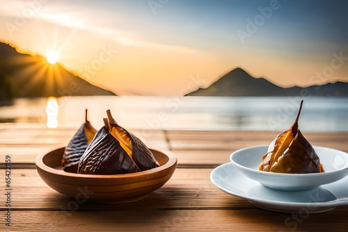 "Zongzi, rice dumpling for Chinese traditional Dragon Boat Festival (Duanwu Festival) on wooden table background with ingredient