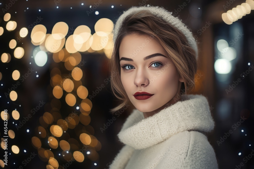 Woman winter white sweater portrait. Smile morning. Generate Ai Woman winter white sweater portrait. Smile morning. Generate Ai