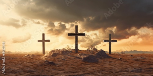 Three Crosses on a Rocky Desert Hill. Resurrection Of Jesus Christ