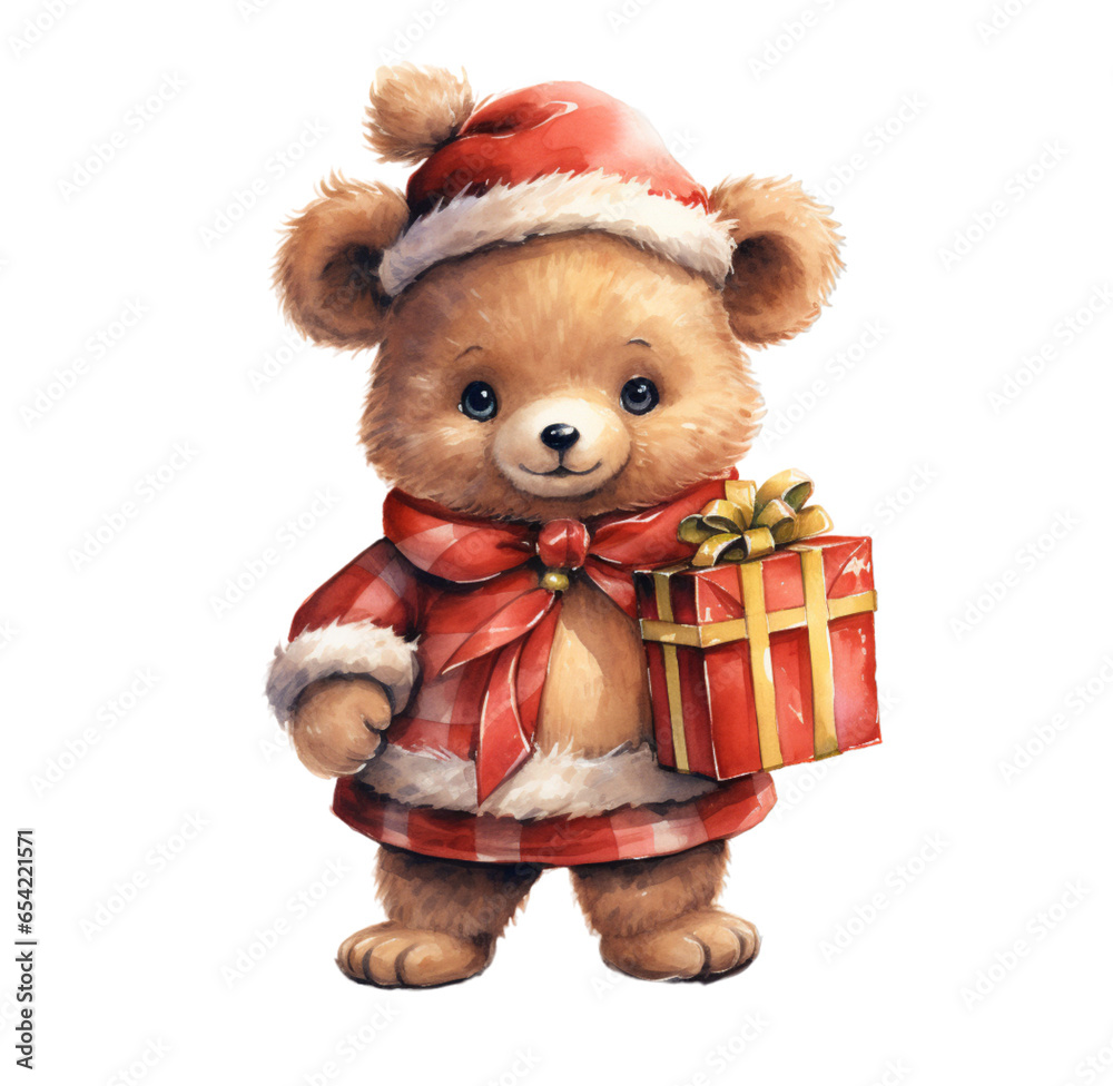 Watercolor illustration of a bear in a Santa suit, Christmas bear. Generative AI, png image. Watercolor illustration of a bear in a Santa suit, Christmas bear. Generative AI, png image.