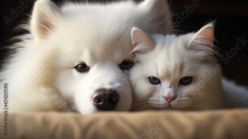 Adorable furry friends. A white cat and a white dog cuddle together, feeling trust and care.
