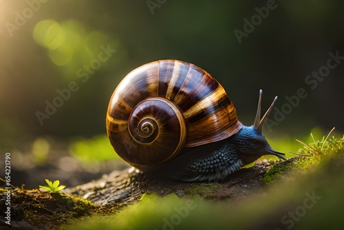Helix pomatia, the Roman snail, Burgundy snail, edible snail or escargot in the forest.