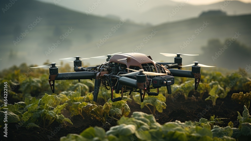 Agriculture drone fly to sprayed fertilizer on the fields. smart farmer use drone for various fields like research analysis, terrain scanning technology, smart technology concept. - obrazy, fototapety, plakaty 