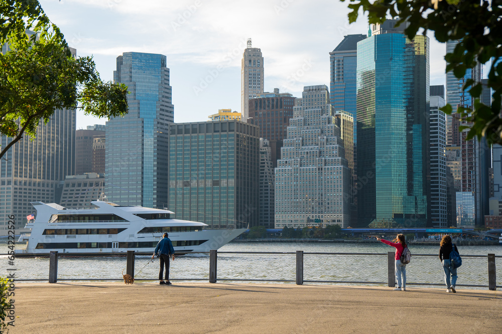 Elderly Woman Strolling Through New York with a Stunning Manhattan View