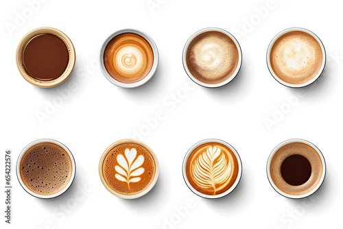 Cups of coffee assortment set top view