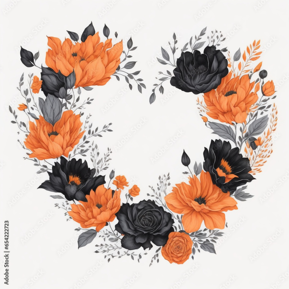 Black and orange watercolor floral frame, heart shape floral frame.