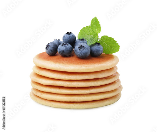 Delicious pancakes with blueberries and mint isolated on white