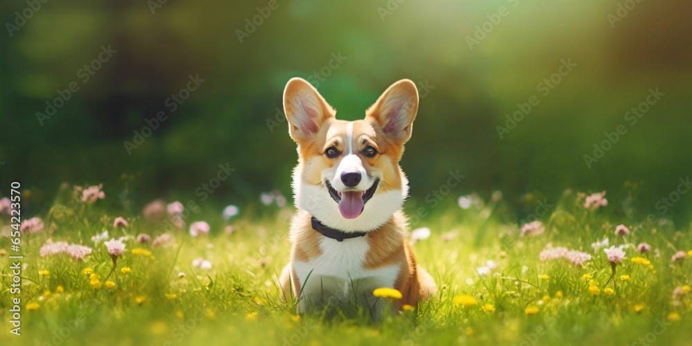Welsh Corgi Dog on Grass Background. Portrait of Cute Dog in The Park Welsh Corgi Dog on Grass Background. Portrait of Cute Dog in The Park