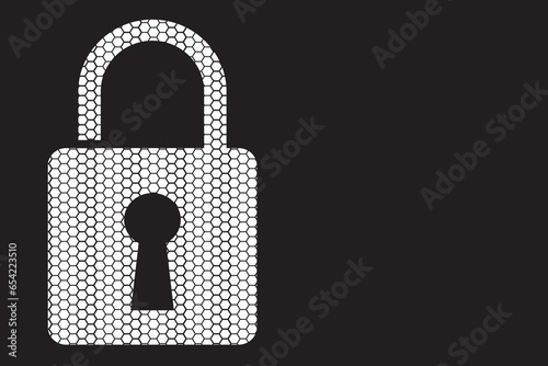 White padlock and hexagonal pattern. Padlock, security equipment, black background with copy space.