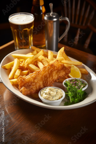 British Traditional Fish and chips with mashed peas, tartar sauce on wooden table